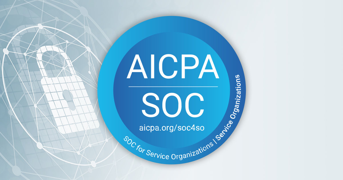 AICPA SOC for Service Organizations logo featuring a white padlock icon and network lines on a light blue gradient circle. Text reads AICPA SOC and aicpa.org/soc4so.